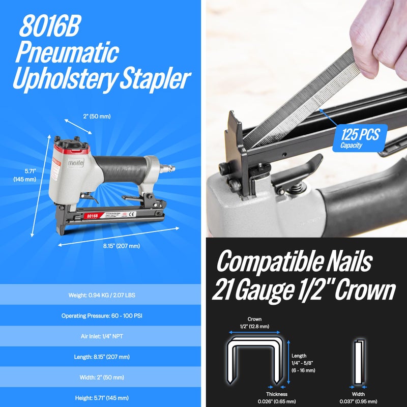 meite Pneumatic Upholstery Stapler Tool for 21 Gauge 1/2-Inch Crown Staples, Heavy-Duty Stapler for Woodworking, Carpentry, and DIY Projects (Model 8016B) - Image 2